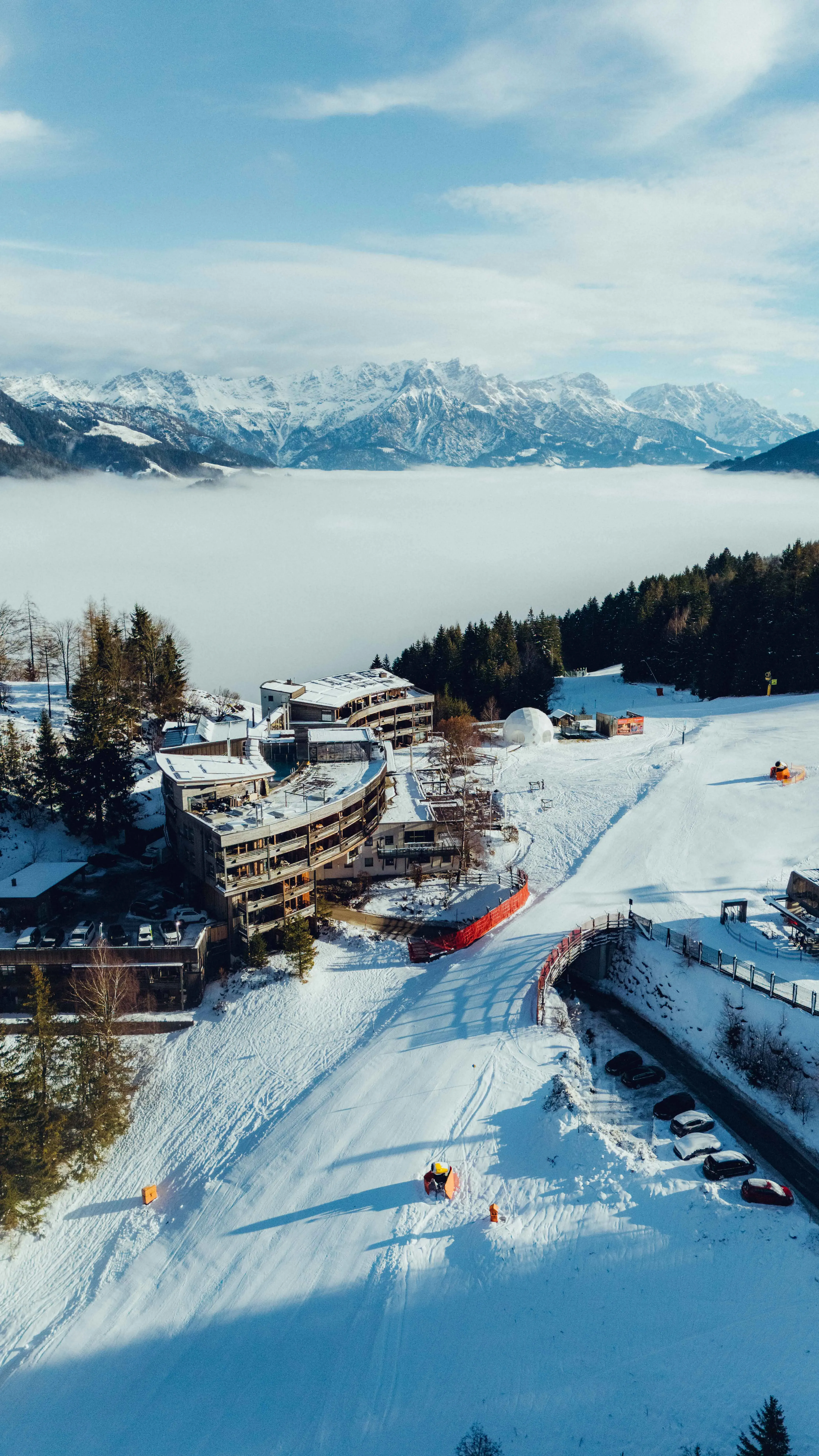Mountain hotel against a winter backdrop