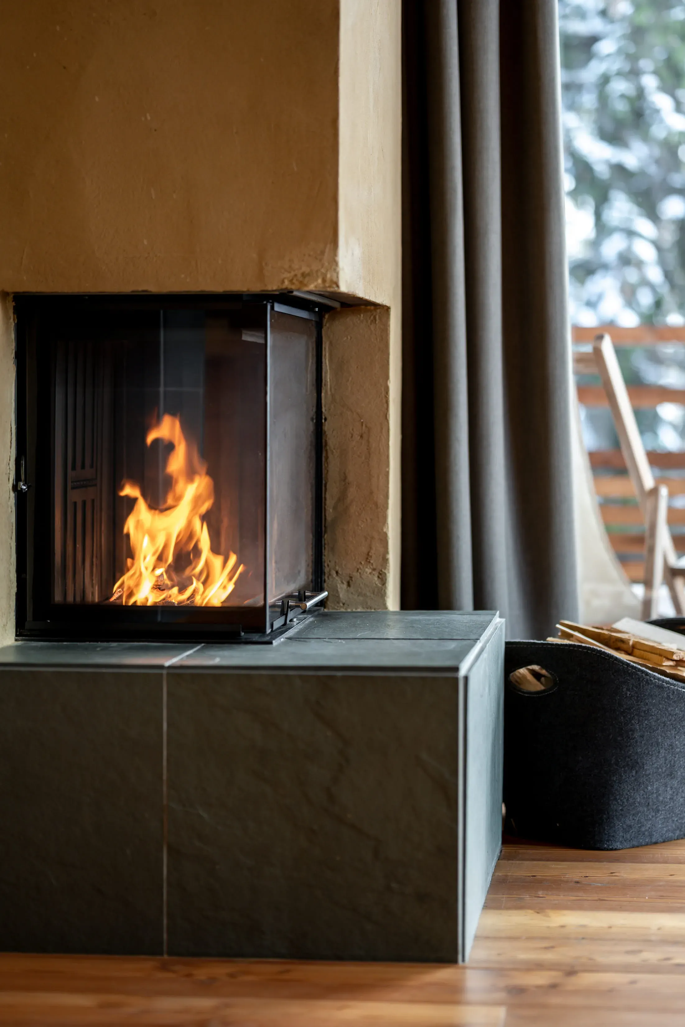 Fireplace with a fire