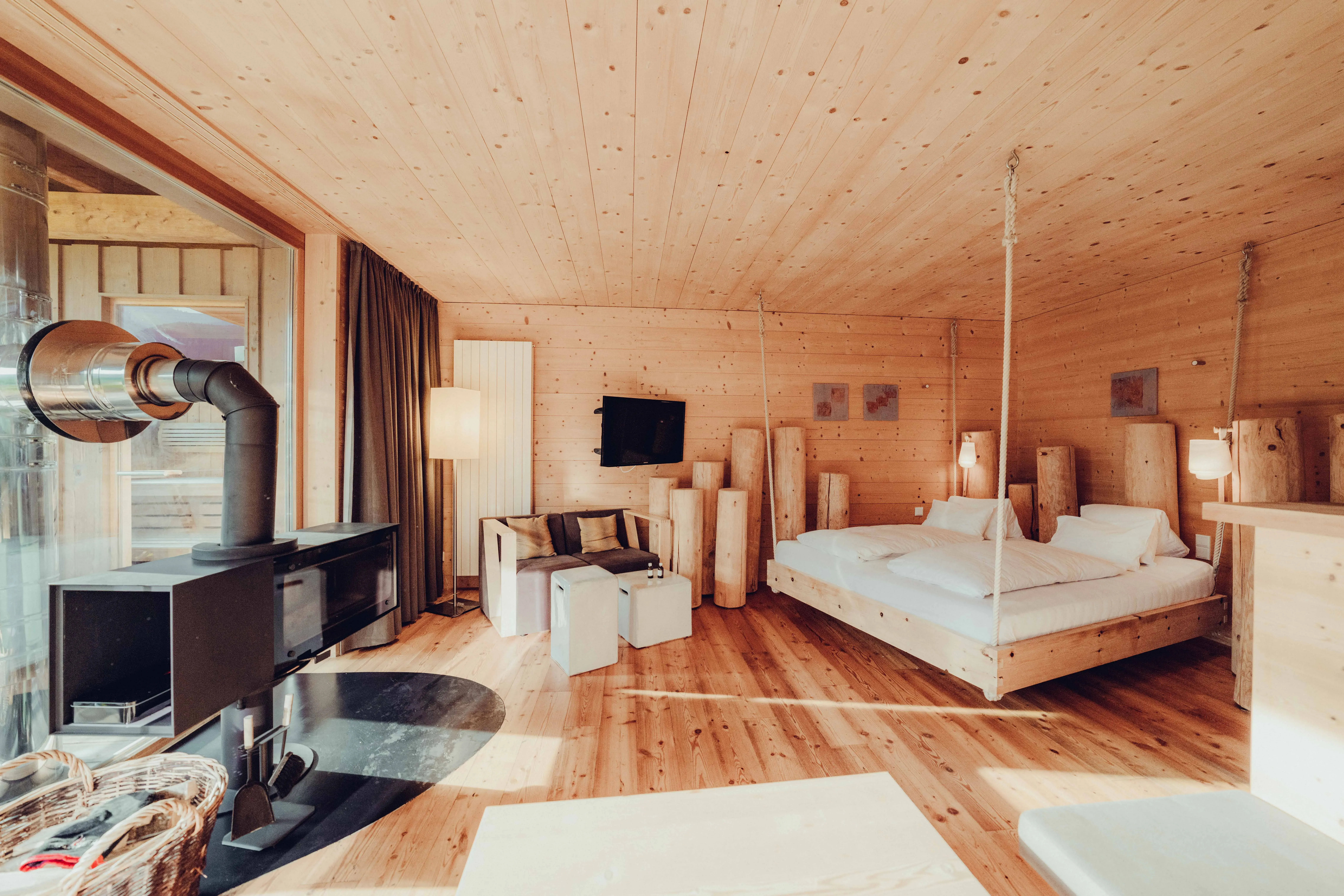 Hotel room with pine wood beds